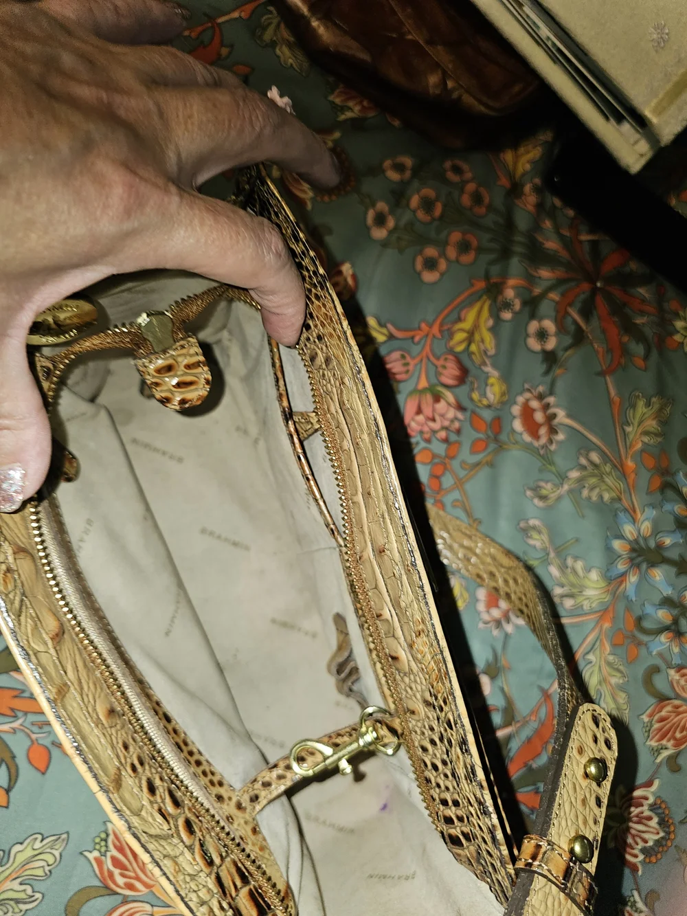 Brahmin Croc-Embossed Tan Satchel with Gold Plaque